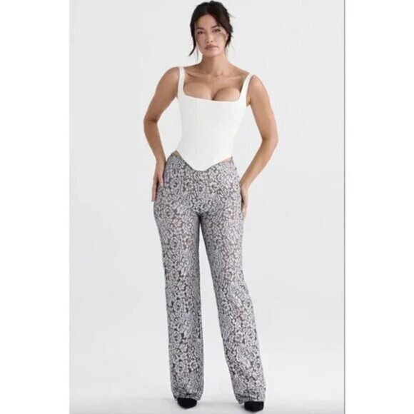 HOUSE OF CB Mara Lace Trousers in Silver Metallic Size Small - Picture 1 of 11